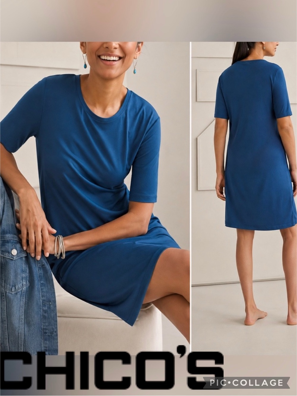 Chicos Ponte T-Shirt Dress Stretchy, pockets + elbow length sleeves size small